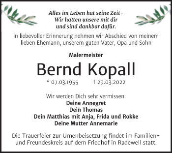 Traueranzeige von Bernd Kopall von Mitteldeutsche Zeitung Halle/Saalkreis