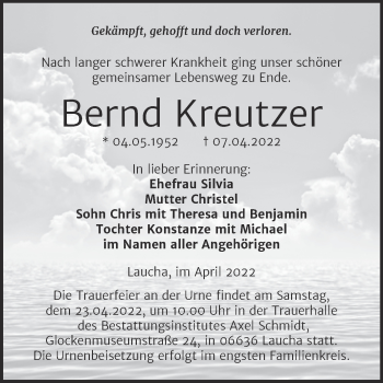 Traueranzeige von Bernd Kreutzer von Wochenspiegel Naumburg/Nebra