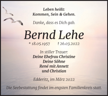 Traueranzeige von Bernd Lehe von Trauerkombi Köthen
