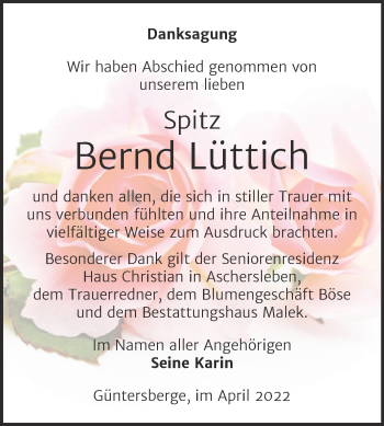 Traueranzeige von Bernd Lüttich von Trauerkombi Quedlinburg