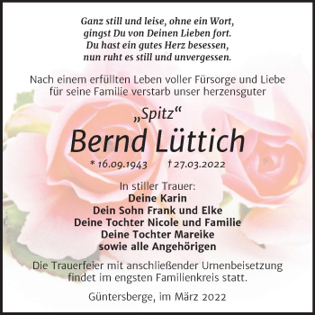 Traueranzeige von Bernd Lüttich von Trauerkombi Quedlinburg