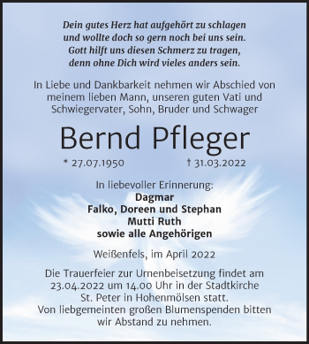 Traueranzeige von Bernd Pfleger von Trauerkombi Weißenfels