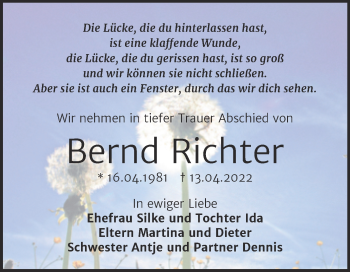 Traueranzeige von Bernd Richter von Trauerkombi Bernburg