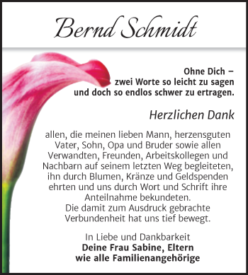 Traueranzeige von Bernd Schmidt von Wochenspiegel Naumburg/Nebra