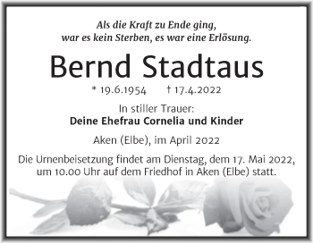 Traueranzeige von Bernd Stadtaus von Trauerkombi Köthen