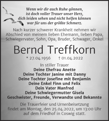 Traueranzeige von Bernd Treffkorn von Trauerkombi Wittenberg