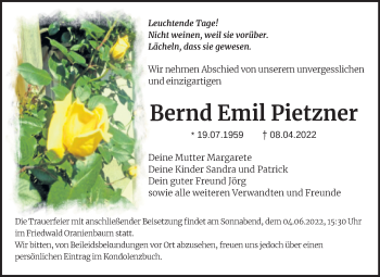 Traueranzeige von Bernd Emil Pietzner von Trauerkombi Wittenberg