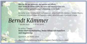 Traueranzeige von Berndt Kämmer von Trauerkombi Merseburg