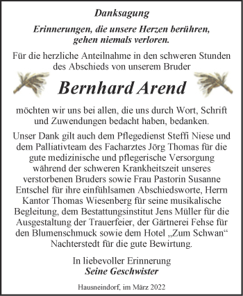 Traueranzeige von Bernhard Arend von Trauerkombi Quedlinburg