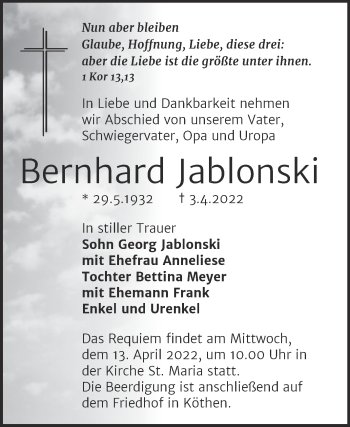 Traueranzeige von Bernhard Jablonski von Trauerkombi Köthen