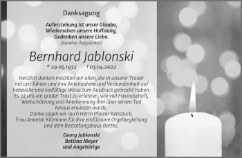 Traueranzeige von Bernhard Jablonski von Super Sonntag Köthen