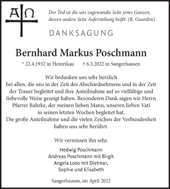 Traueranzeige von Bernhard Markus Poschmann von Trauerkombi Sangerhausen