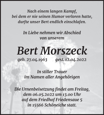 Traueranzeige von Bert Morszeck von Trauerkombi Dessau