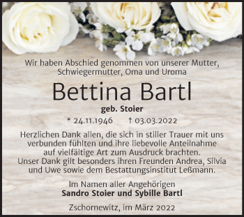 Traueranzeige von Bettina Bartl von Trauerkombi Wittenberg