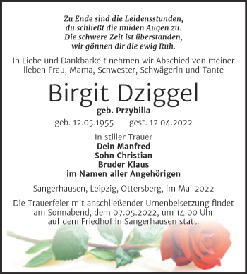Traueranzeige von Birgit Dziggel von Trauerkombi Sangerhausen