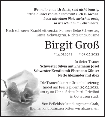 Traueranzeige von Birgit Groß von Trauerkombi Merseburg