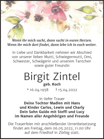 Traueranzeige von Birgit Zintel von Trauerkombi Bitterfeld
