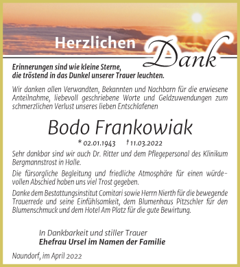 Traueranzeige von Bodo Frankowiak von Trauerkombi Weißenfels