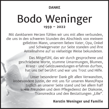 Traueranzeige von Bodo Weninger von Trauerkombi Dessau