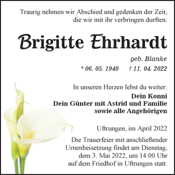 Traueranzeige von Brigitte Ehrhardt von Trauerkombi Sangerhausen