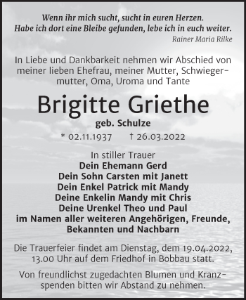 Traueranzeige von Brigitte Griethe von Trauerkombi Bitterfeld