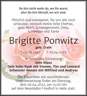 Traueranzeige von Brigitte Ponwitz von Mitteldeutsche Zeitung Halle/Saalkreis