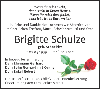 Traueranzeige von Brigitte Schulze von Trauerkombi Bitterfeld