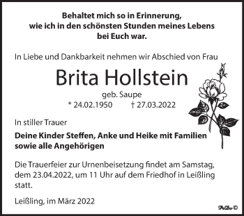 Traueranzeige von Brita Hollstein von Trauerkombi Weißenfels