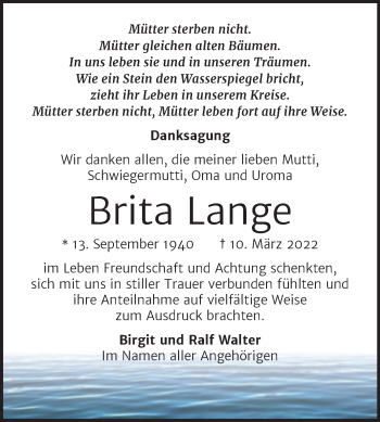 Traueranzeige von Brita Lange von Trauerkombi Weißenfels