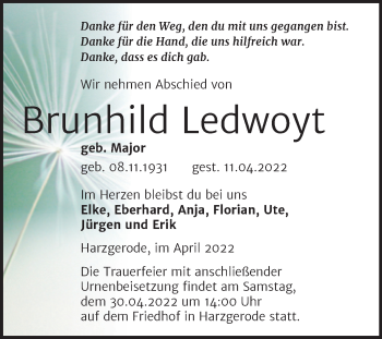 Traueranzeige von Brunhild Ledwoyt von Super Sonntag Quedlingburg