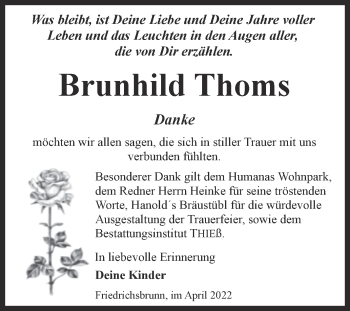 Traueranzeige von Brunhild Thoms von Trauerkombi Quedlinburg
