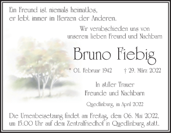 Traueranzeige von Bruno Fiebig von Trauerkombi Quedlinburg