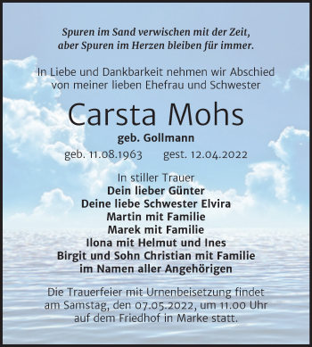 Traueranzeige von Carsta Mohs von Trauerkombi Bitterfeld