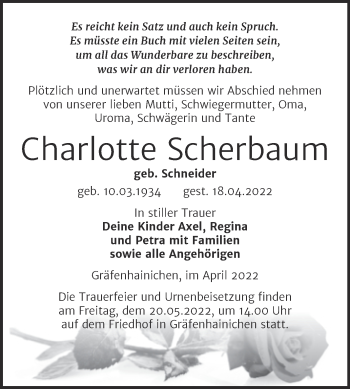 Traueranzeige von Charlotte Scherbaum von Trauerkombi Wittenberg