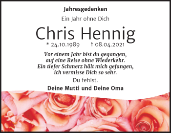Traueranzeige von Chris Hennig von Trauerkombi Dessau
