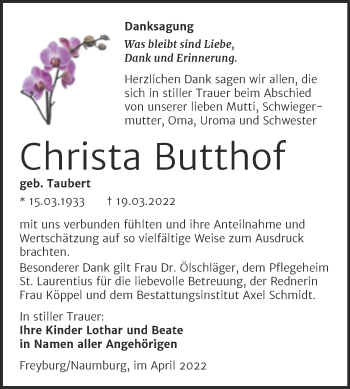 Traueranzeige von Christa Butthof von Wochenspiegel Naumburg/Nebra