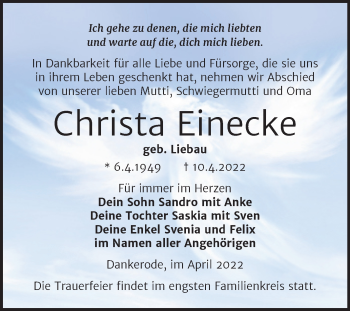Traueranzeige von Christa Einecke von Trauerkombi Quedlinburg