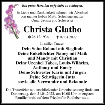 Traueranzeige von Christa Glatho von Trauerkombi Dessau