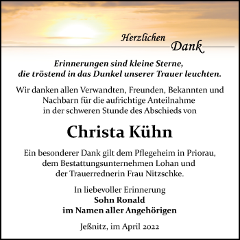 Traueranzeige von Christa Kühn von Trauerkombi Bitterfeld