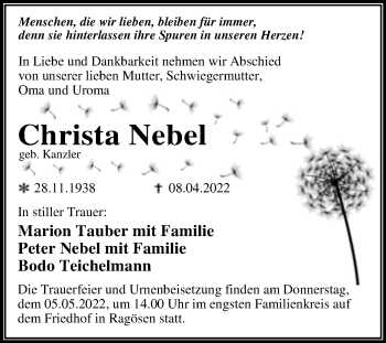 Traueranzeige von Christa Nebel von Trauerkombi Wittenberg
