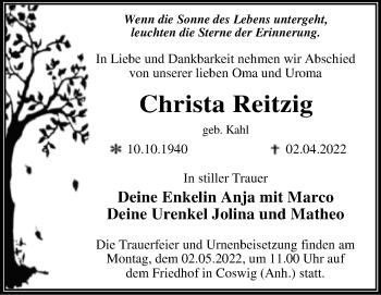 Traueranzeige von Christa Reitzig von Trauerkombi Wittenberg