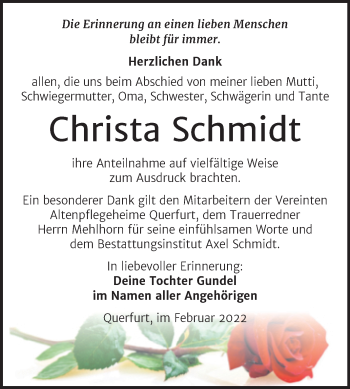 Traueranzeige von Christa Schmidt von Trauerkombi Merseburg