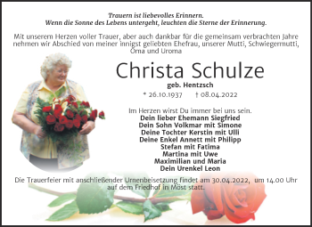 Traueranzeige von Christa Schulze von Trauerkombi Bitterfeld