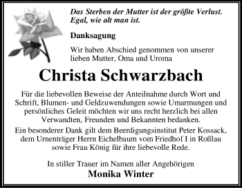 Traueranzeige von Christa Schwarzbach von Trauerkombi Dessau