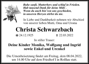 Traueranzeige von Christa Schwarzbach von Trauerkombi Dessau