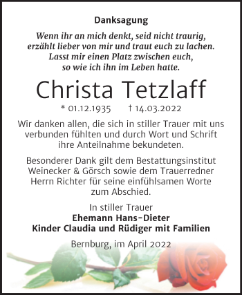 Traueranzeige von Christa Tetzlaff von Trauerkombi Bernburg