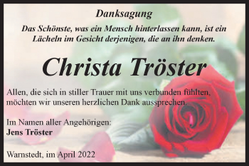 Traueranzeige von Christa Tröster von Trauerkombi Quedlinburg