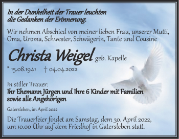 Traueranzeige von Christa Weigel von Trauerkombi Aschersleben