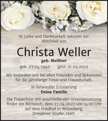 Traueranzeige von Christa Weller von Trauerkombi Wittenberg