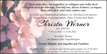 Traueranzeige von Christa Werner von Trauerkombi Dessau